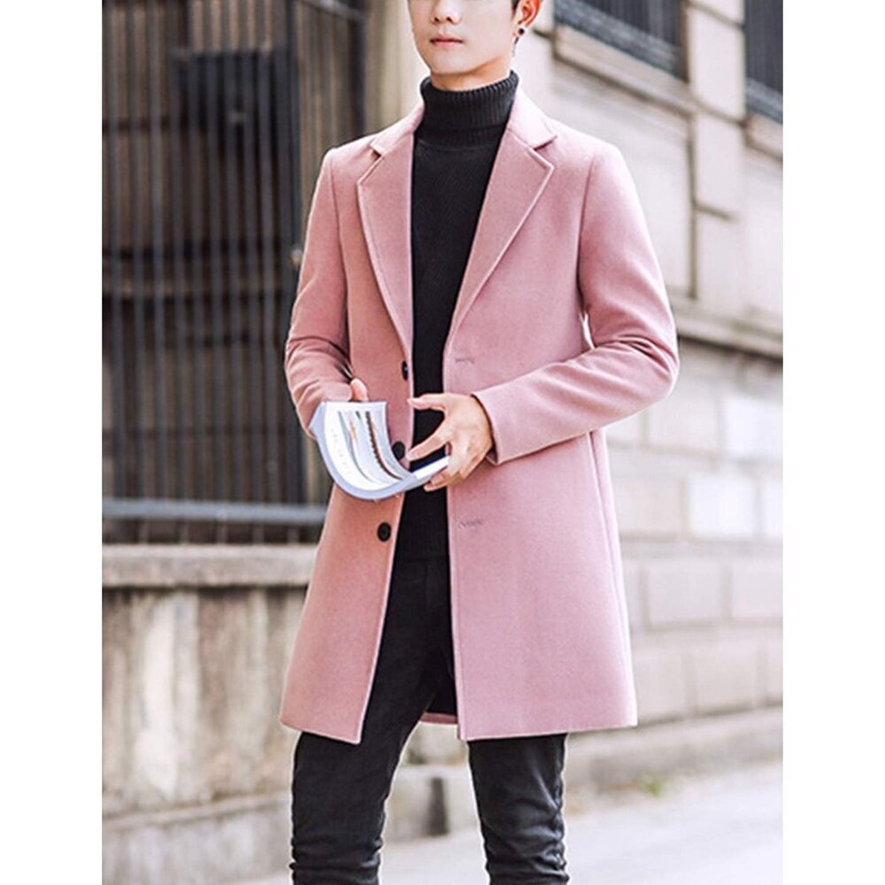 Men's Pink Wool Blend Pea Coat Notched Collar Breasted Winter Trench Coat - Picture 2 of 8